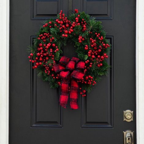 Guirlande De Noël - Baies Rouges Et Aiguilles De Pin - Style Rustique - Ruban À Carreaux Rouges - Sans Lumière - Pour Porte D'Entrée - 1 Pièce (1/5)