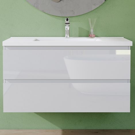 AVER-GROWTH 1000mm Gloss White Bathroom Vanity Unit With Wash Basin Ceramic Sink, 2 Soft-Close Drawers for Storage, Wall Hung Cabinets (1/5)