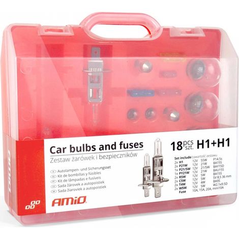 Set di lampadine e fusibili, 18 pezzi, 2xH1, amio-01495