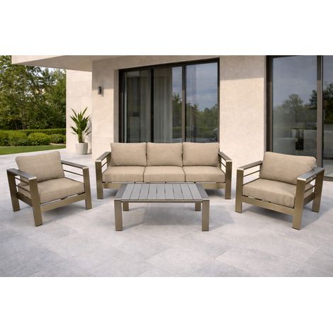 CANNES: Lounge Set  (1x Sofa 207cm, 2x Sessel, 1x Loungetisch 106x60cm)  Aluminium gebürstet,Armlehnen Kunstholz grau, mit Polsterauflagen hellgrau