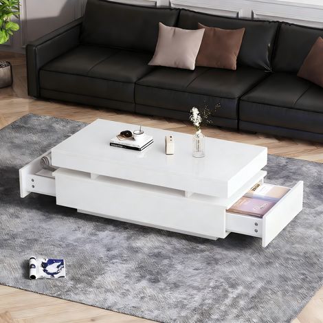 REDOM Table basse 100x50x35 cm, 2 tiroirs, éclairage LED, surface brillante, panneau de particules blanc (1/5)
