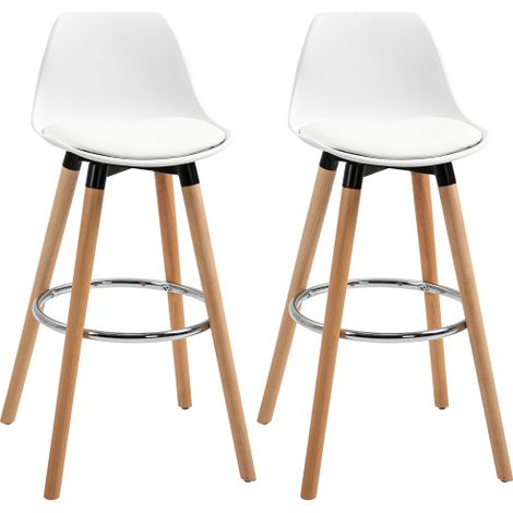 Lot de 2 tabourets de bar en similicuir et bois, avec dossier et repose-pieds, style scandinave, blanc (1/5)