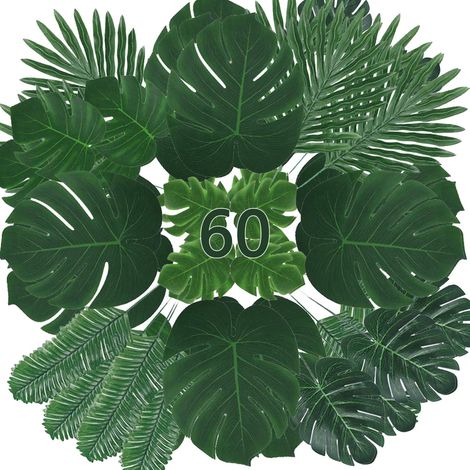 Lot de 60 Feuilles de palmier, Tige flexible, Motif réaliste, Décoration fête tropicale (1/5)