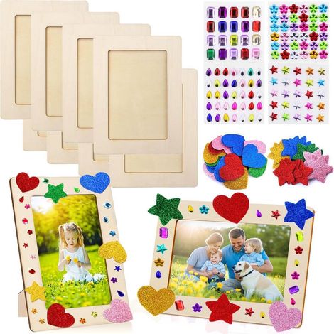 8er Set Holz Bilderrahmen zum Bemalen mit Glitzersteinen & Stickern