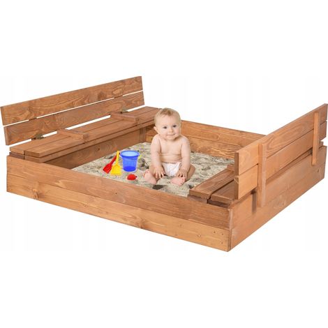 Sandkasten mit klappbarem Deckel & Sitz - dunkel - 120 x 120 cm
