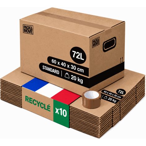 Lot de 10 cartons de déménagement M – 60 x 40 x 30 cm – Poignées renforcées – Supporte jusqu'à 20 kg – Adhésif inclus – Pack And Move