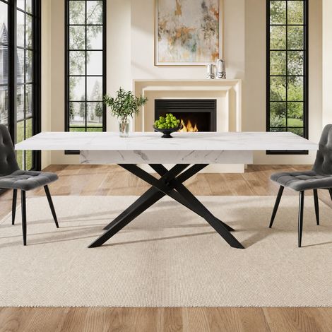 Mesa de comedor extensible 120-160 x 80 x 76,5 cm efecto mármol blanco patas negras DESVIAE (1/5)