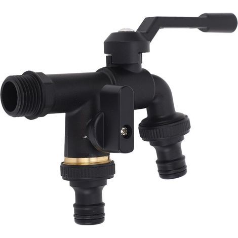 Lot de 2 kits de robinet d'eau à double sortie extérieure, entrée 3/4 pouces, 2 sorties de 25 mm, montage mural en laiton antigel, finition noire pour le jardin. (1/5)
