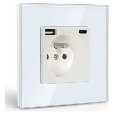 Tigrezy Wandsteckdose mit USB und 1 Typ C, 16 A AC-Steckdose mit Glasscheibe, Wandsteckdosenleiste max. 2,1 A, geeignet für Smartphone, Tablet (weiß)