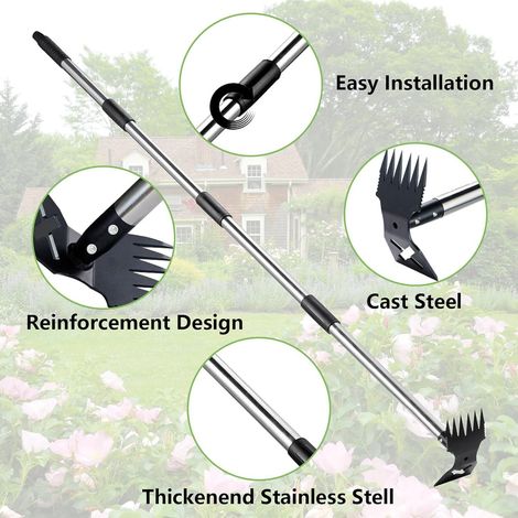 extracteur de mauvaises herbes à long manche, râteau de jardin 2 en 1 pour désherbage, désherbeur robuste pour jardin, pelouse, terrasse, jardin (1/5)