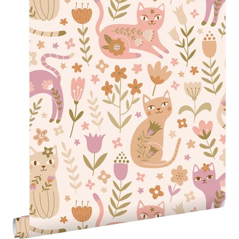 papier peint chatons violet, rose et beige  - ESTAhome