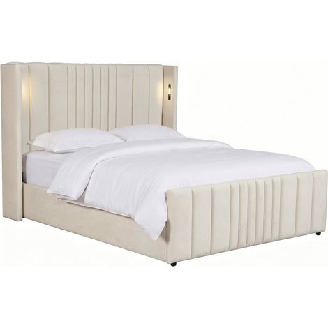 Cama doble con cajón de tela y lámparas integradas <> - 160 x 200 cm - Beige (1/5)