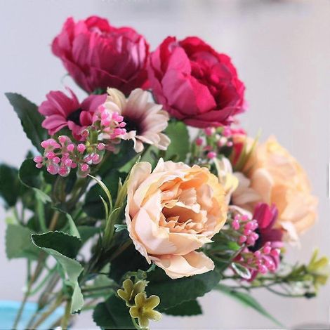 Bouquet de mariée en soie avec pivoines artificielles de 30 cm et gypsophile, fleurs de marguerite, décoration pour mariage et maisonrouge (1/5)