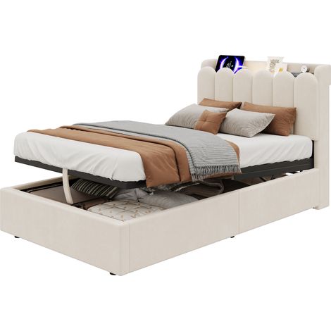 CHICFURN Cama infantil con arcón 90x200 cm de terciopelo beige, USB-C, sin colchón (1/5)