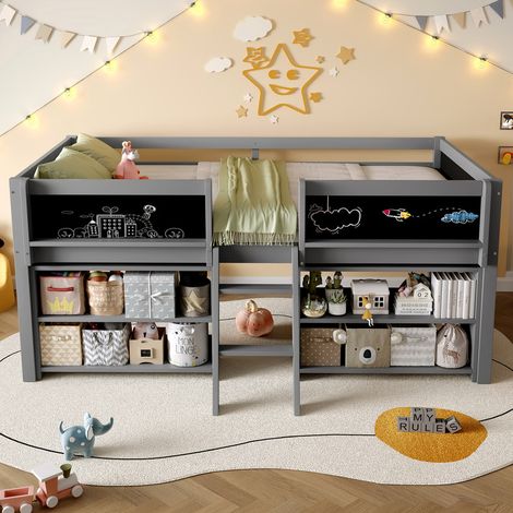 Modernluxe – Lit enfant 90 x 200 cm avec étagère de rangement – Barrières de sécurité – Échelle stable – Gris – Matériaux en pin et MDF (1/5)