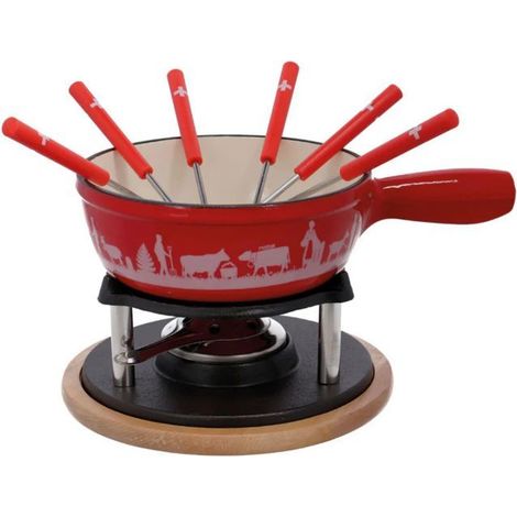Service à fondue 6 personnes – Caquelon en fonte d'aluminium émaillée 2L – Compatible tous feux – Brûleur à alcool inclus – Rotel