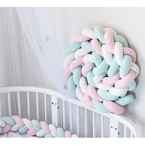 Tour de Lit Coussin Serpent Coussin Tressé Pare-chocs Velours 3M - Blanc+Rose+Vert - 300cm (1/2)