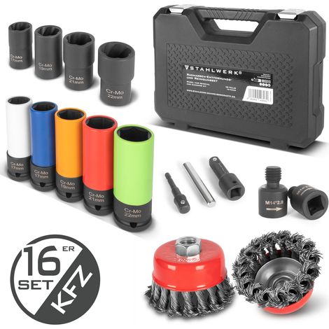 STAHLWERK Set per la manutenzione dei mozzi delle ruote e lo smontaggio dei cerchioni – 16 pezzi, 5 chiavi a bussola per cerchioni in lega e 4 chiavi a bussola a estrazione (17-22 mm), attacco da 1/2"