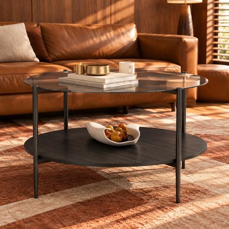 REDOM Runder Couchtisch mit 2 Ebenen, schwarzes Glas, Holz und Metall, 82 x 45 cm (1/5)