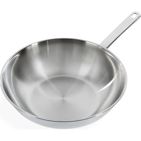 Poêle Wok en Acier Inox de 28 cm, Extérieur Poli, Poignée Stay Cool, Cuisson, Induction, Va au Four jusqu'à 230°C, Ustensiles en Métal, Lavable au Lave-Vaisselle, Argent (1/5)