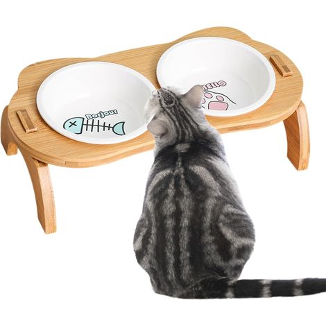 2 gamelles surélevées en céramique pour chat, station d'alimentation inclinée à 15° pour chats et chiens, gamelle surélevée pour chats, chiots et petits chiens, avec alimentation et eau. (1/5)