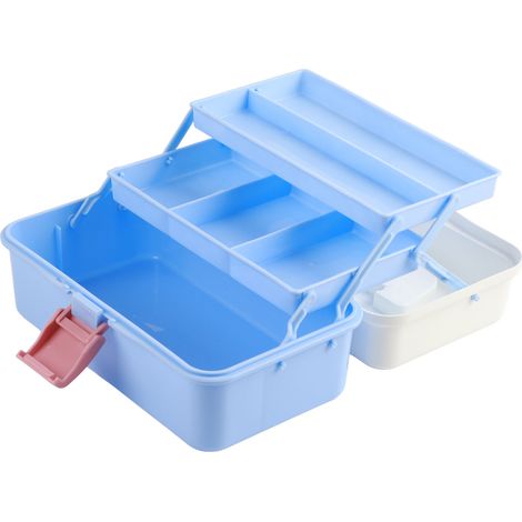 Boîte de rangement plastique épaisse 3 couches, grande capacité, pour artiste étudiant, boîtier de rangement domestique, taille 551 petite, blanc et bleu. (1/5)