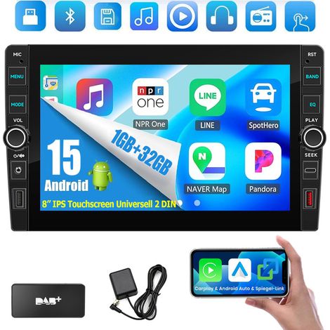 Autoradio 8" DAB+ 23/64 Go Android 15, CarPlay, GPS, RDS, Bluetooth 4.1, 2 DIN - 1+32G DAB+ (1/5)