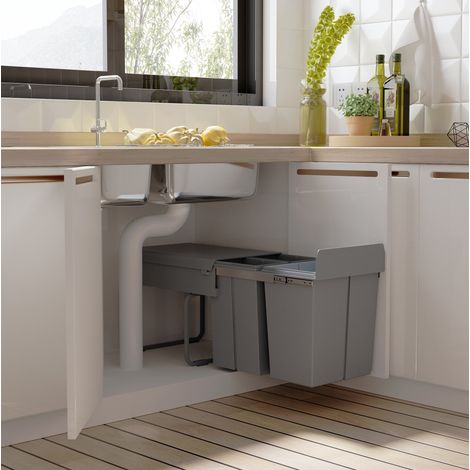 Poubelle encastrable 40 L grise – 3 bacs amovibles, pour meuble 40 cm (1/5)