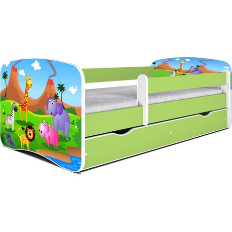 Lit enfant vert Safari avec sommiers et barrière de sécurité amovible Drimy-80x160-Tiroirs Avec tiroir (1/5)
