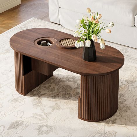 Tavolino da salotto ovale 105x50x46.5 cm, con vani portaoggetti, MDF, colore noce (1/5)