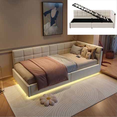 Letto contenitore 90x200 cm in velluto, letto singolo con USB e spazio di archiviazione, rete a doghe in legno, striscia LED RGB sotto il letto - Beige