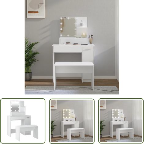 The Living Store Schminktisch-Set mit LED Weiß Holzwerkstoff - Schminktisch - Kosmetiktisch - Schreibtisch - Makeup Tisch - LED Beleuchtung (1/5)