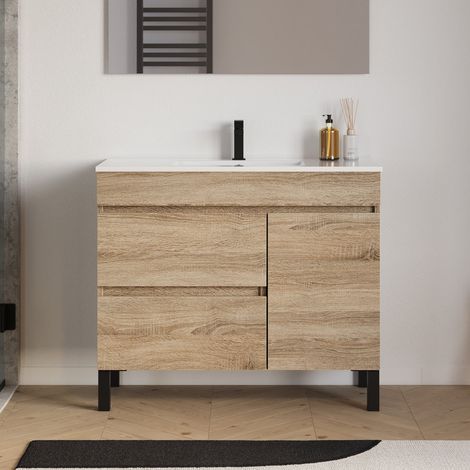 Meuble de salle de bain 90cm simple vasque sur pieds avec porte et tiroirs - sans miroir - cambrian (chêne clair) - LAZARO (1/5)