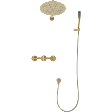 【Chauffage et ventilation】Système de douche doré, ensemble de robinetterie en laiton, pomme de douche ronde à effet pluie haute pression de 10 pouces, avec douchette à main, installation murale (1/5)