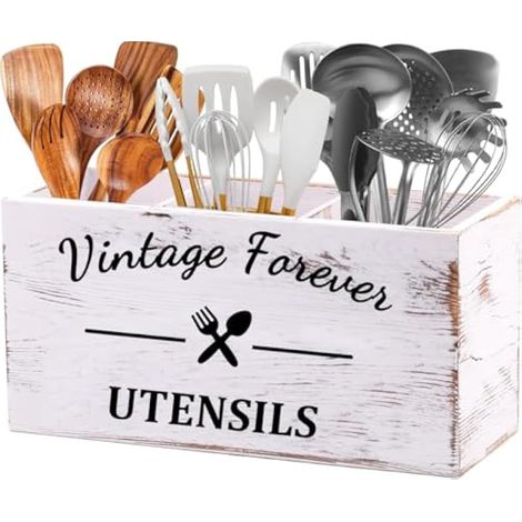 Porte-ustensiles de cuisine en bois rustique à 3 sections avec design vintage pour toujours, grande capacité, 30 x 17 x 11,9 cm (blanc, grand)