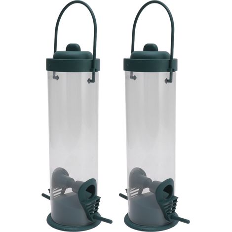 Lot de 2 mangeoires tubulaires transparentes en plastique pour oiseaux, à suspendre, pour pinsons, décoration de jardin, avec 2 évents et 2 ports. (1/5)