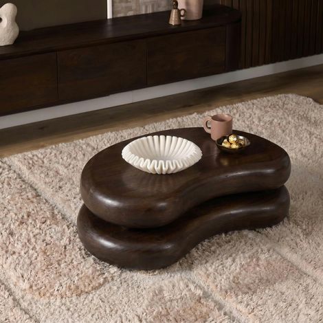 Table basse bois brun double plateau design organique ALMA (1/4)