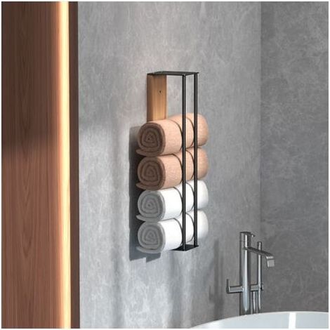 Porte-serviettes mural – Panneau en bois – Accessoire de salle de bain et de piscine – Acier au carbone – Noir (1/5)