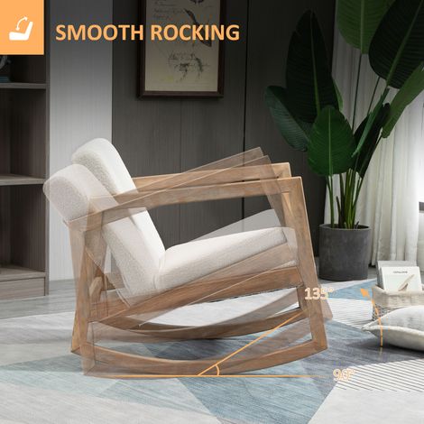Fauteuil à bascule en bois d'hévéa blanc crème, rembourré, relaxant, chaise longue salon, assise capitonnée, 60x81x71 cm