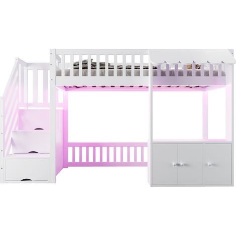 Letto A Soppalco 90 x 200 Cm Con Scala Di Stoccaggio, LED Multicolore, Senza Materasso, In Legno Massiccio E MDF, Bianco (1/5)