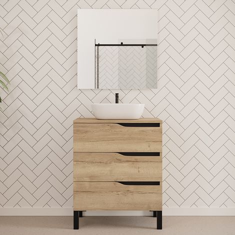 Meuble de salle de bain 60cm avec plateau et vasque à poser zeus - 3 tiroirs - madera miel (chêne clair) - MATA (1/5)
