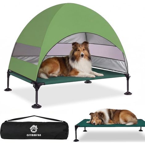 Raised Dog Bed with Roof, Foldable with Non-Slip Feet, Outdoor Tent with Large Shade, Cooling Dog Bed, for Camping, Garden, Beach and Pool (Green, L) (1/5)
