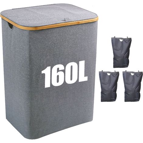 Panier à linge avec couvercle - 3 compartiments - 160 l - Avec 3 sacs à linge - Grand panier à linge pliable - En bois de bambou - Gris (1/5)