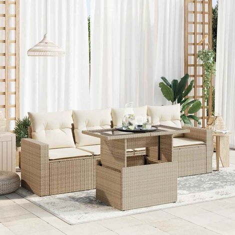 Juego de sofás jardín con cojines 5 pzas ratán sintético beige (1/5)