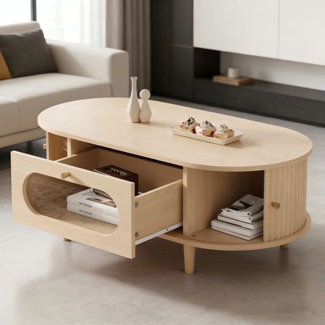 Table basse salon 100x50x36 cm couleur bois clair, avec tiroir, porte coulissante et 4 pieds de support