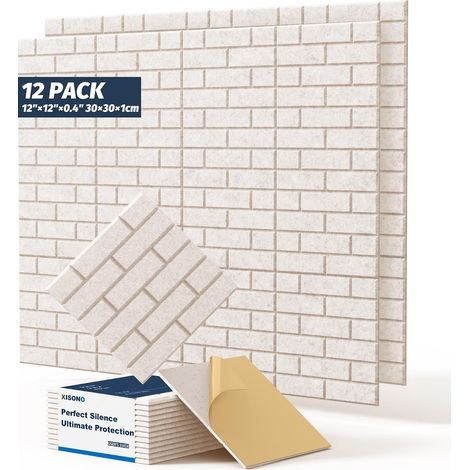 Pack of 12 acoustic carrés haute densité de 12"×12"×0.4", en forme de brique, adaptés pour le salon et toutes les surfaces murales. (Blanc) (Camel clair) (1/5)