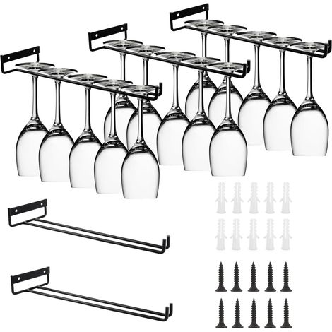 Lot de 5 Porte-Verres à Pied Suspendu 30 cm - Support Verre de Vin en Métal Noir avec Vis - Rangement Sous Placard pour Cuisine, Bar, Restaurant et Cave à Vin (1/5)