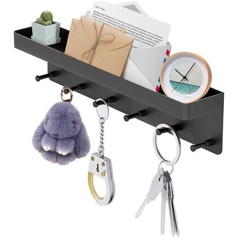 JSSEVN - Multifunctional key holder with wall-mounted storage shelf, black - No drilling required - Innovative key holder for behind the door - For bedroom, living room (1/5)