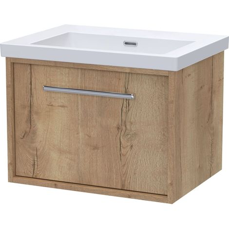 Sturbridge Contemporary 1 Drawer Wall Hung Vanity Unit with 0 Tap Hole Fireclay Basin , 600mm, Autumn Oak