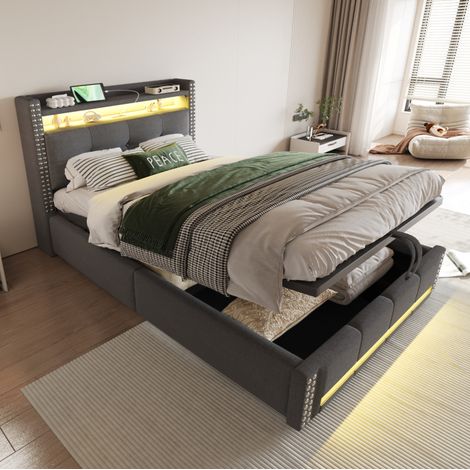 Cama individual tapizada moderna gris 90x200 cm con cabecero con estantes, LED, USB y almacenaje hidráulico (1/5)